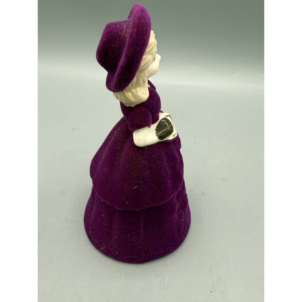 Vintage Purple Flocked Lady Bell Figurine Victorian Woman w Letter 4” - Picture 2 of 6